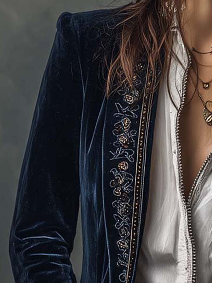 Paloma - Vintage Velvet Longline Jacket with Floral Embroidery