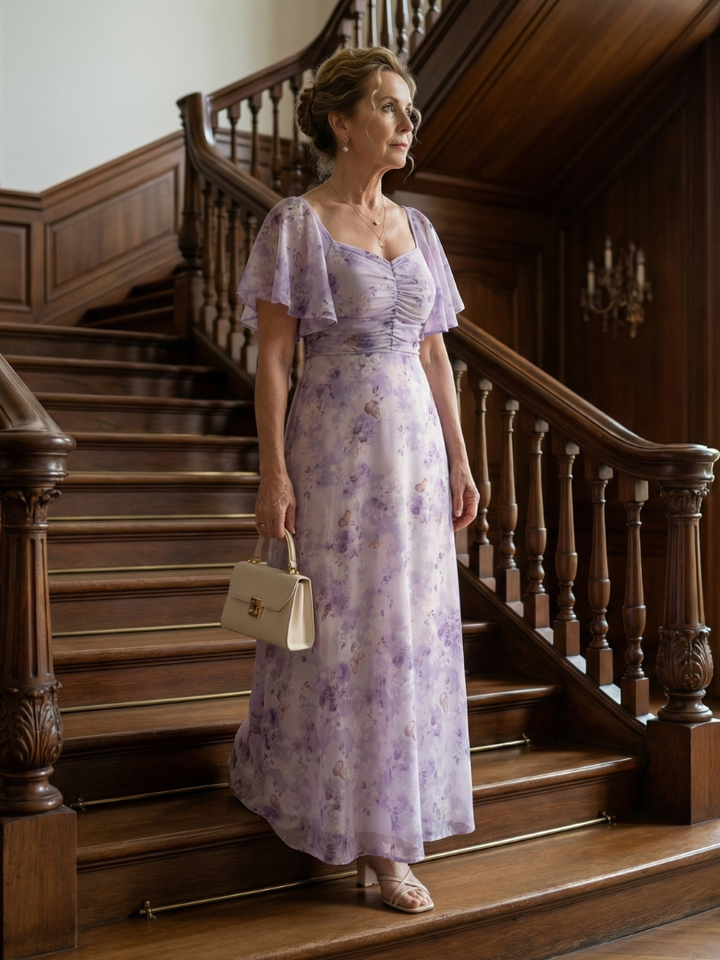 Chantal - Long Floral Dress with Flutter Sleeves and Square Neckline