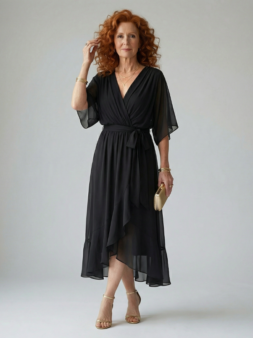 Darla - Draped Midi Dress with Elbow Sleeves