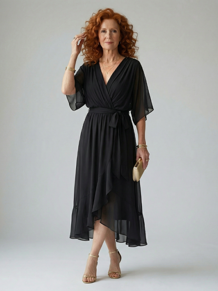 Darla - Draped Midi Dress with Elbow Sleeves
