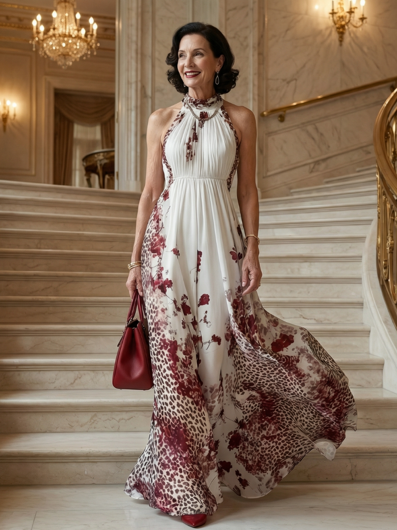 Miranda - Long Floral Dress with Long Sleeves and Full Skirt