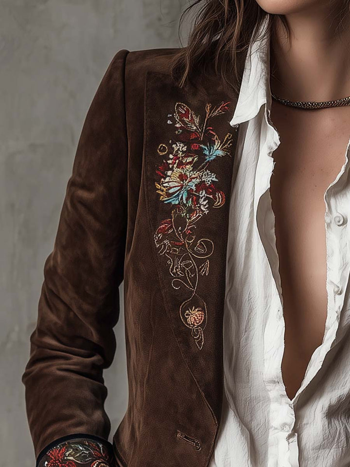 Linden - Vintage Brown Leather Blazer with Floral Embroidery