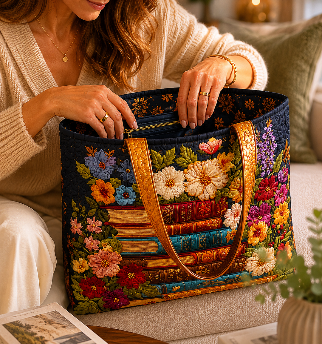 Bolso Tote Acolchado - Estampado floral y de libros