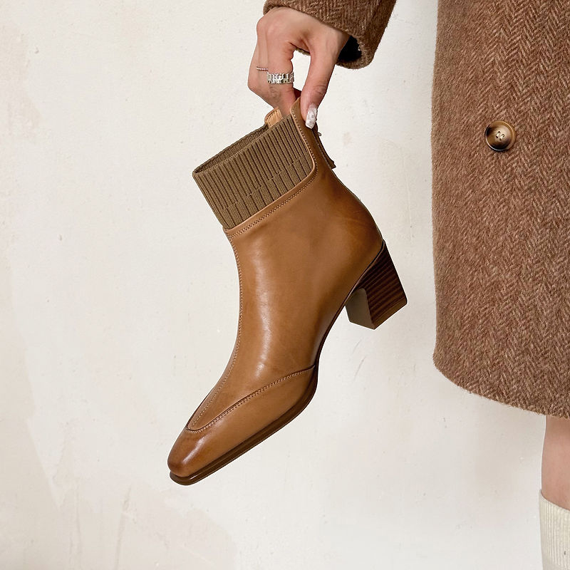 Cosima - Genuine Leather Square Toe Ankle Boots