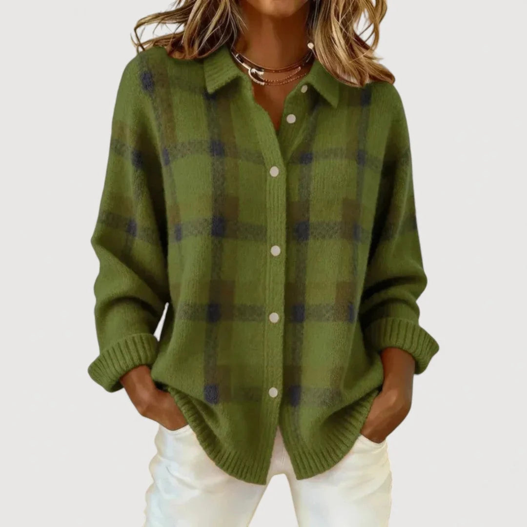Lyra - Dark Green Plaid Knit Cardigan