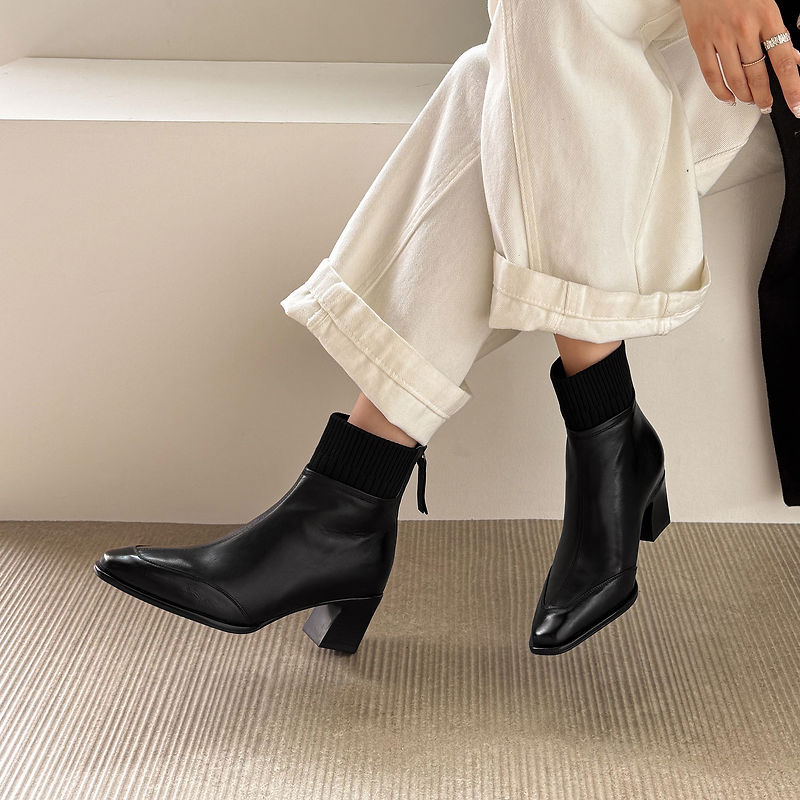 Cosima - Genuine Leather Square Toe Ankle Boots