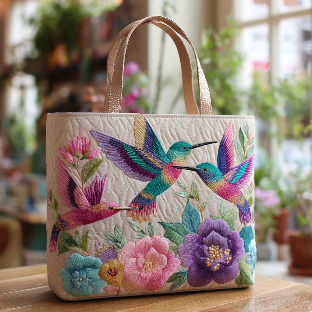 Bolsa Tote Acolchada Jardín de Flores de Colibrí