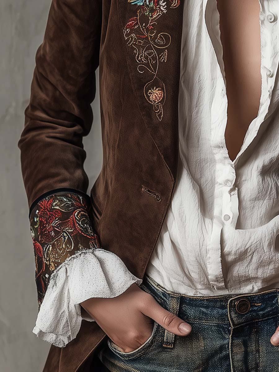 Linden - Vintage Brown Leather Blazer with Floral Embroidery
