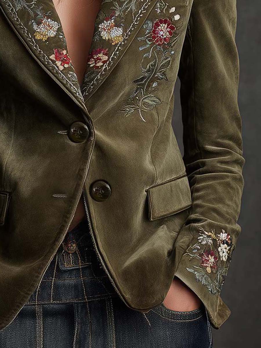 Iris - Olive Velvet Blazer with Floral Embroidery