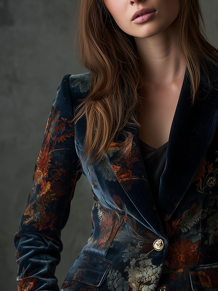 Faye - Retro Floral Velvet Blazer with Metallic Buttons