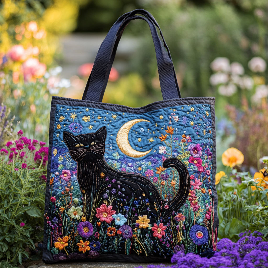 Bolsa Tote Acolchada de Gato Negro a la Luz de la Luna