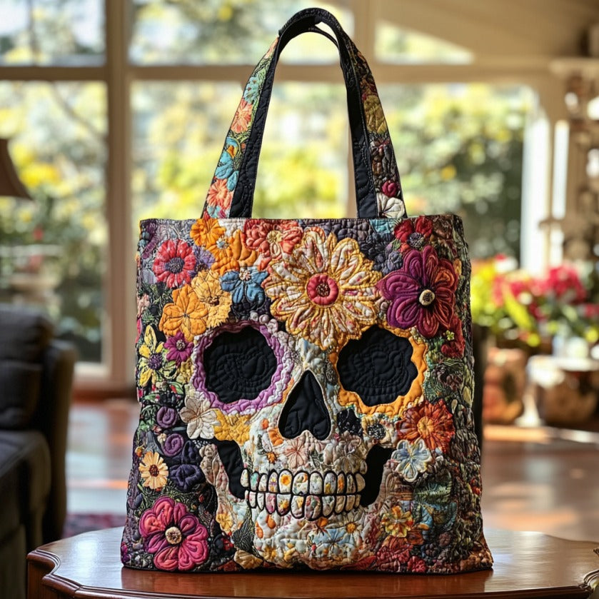 Bolso Tote Acolchado con Flores y Calavera