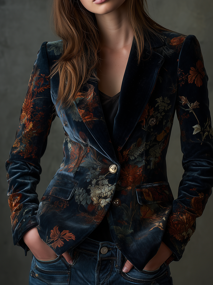 Faye - Retro Floral Velvet Blazer with Metallic Buttons