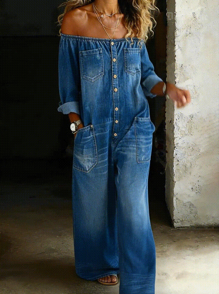 Sybil - Off-Shoulder Long-Sleeve Denim Jumpsuit