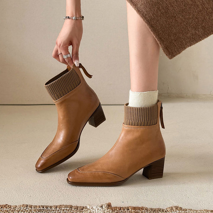 Cosima - Genuine Leather Square Toe Ankle Boots