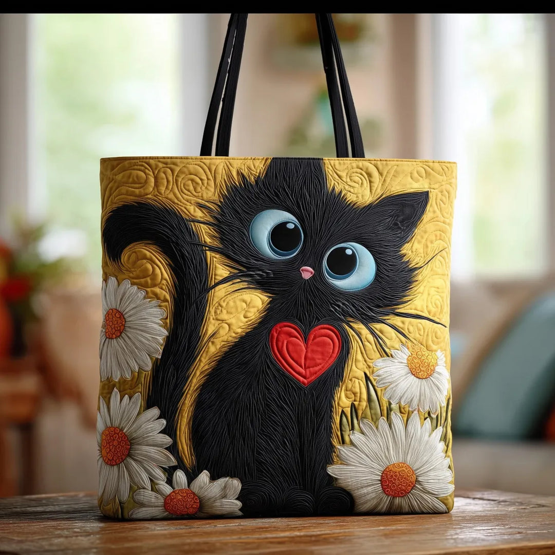 Bolsa Tote Acolchada - Gato Negro con Margaritas
