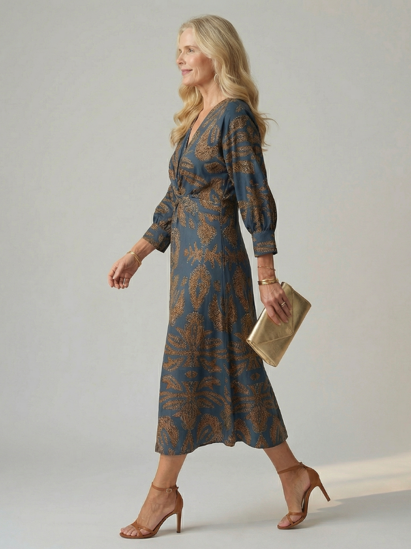 Lucy - Midi Dress with Long Sleeves and Natural Print