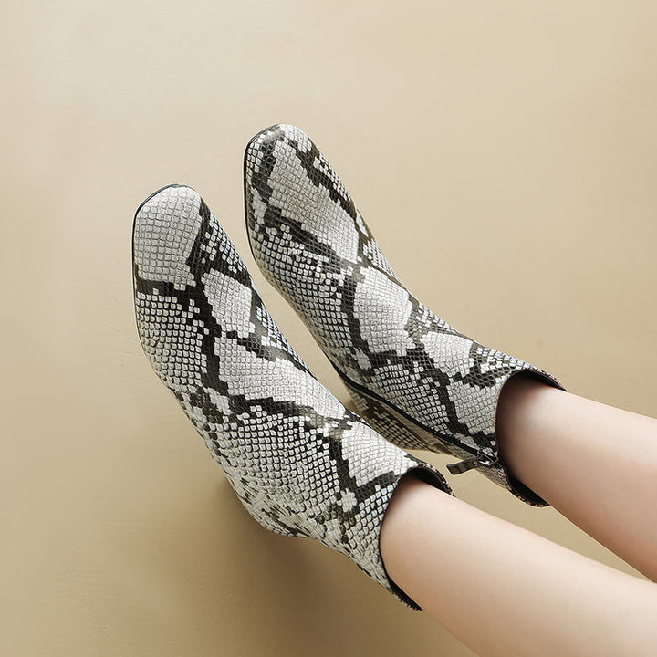 Hana - Snakeskin Print Leather Kitten Heel Ankle Boots