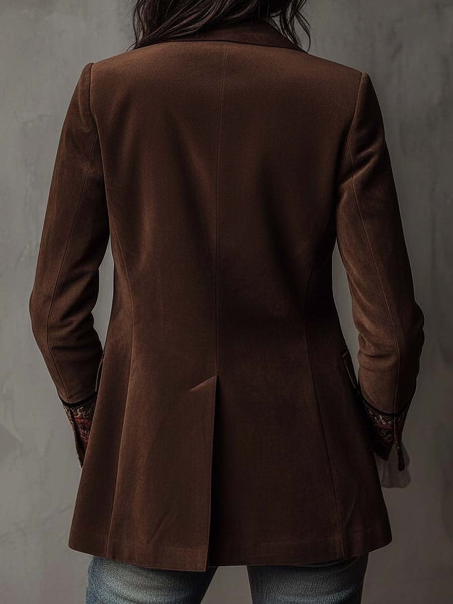 Linden - Vintage Brown Leather Blazer with Floral Embroidery