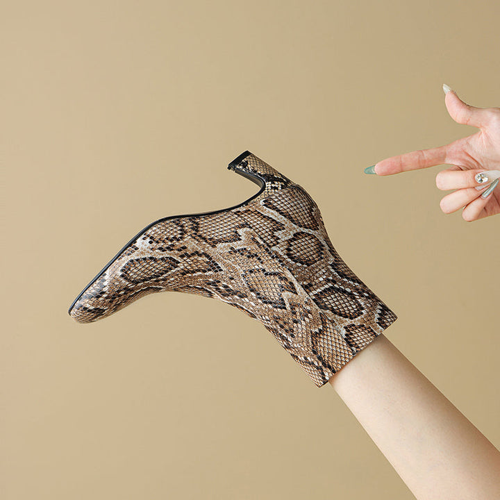 Hana - Snakeskin Print Leather Kitten Heel Ankle Boots