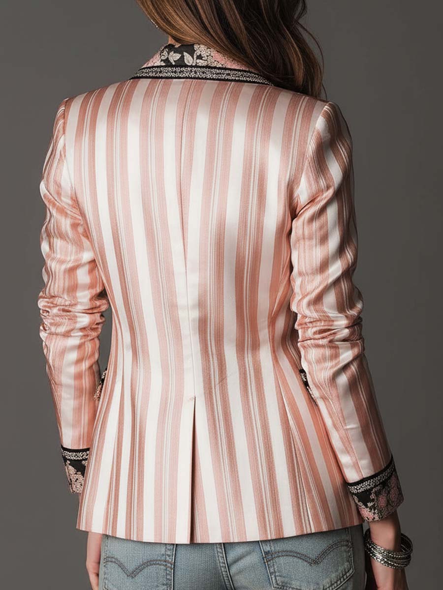 Bria - Pink Satin-Stripe Blazer with Vintage Floral Lining