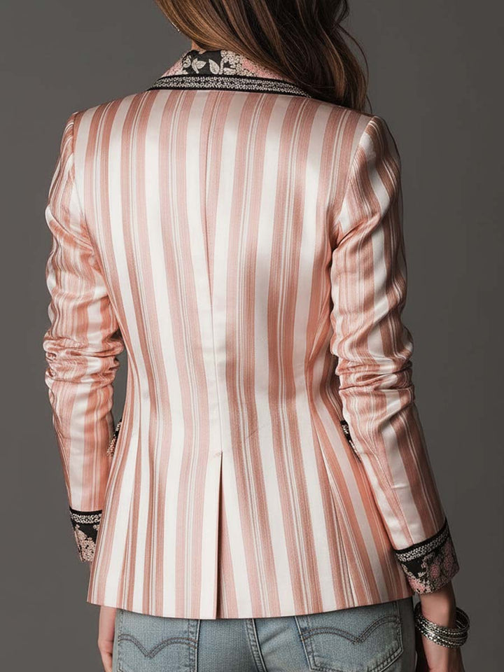 Bria - Pink Satin-Stripe Blazer with Vintage Floral Lining