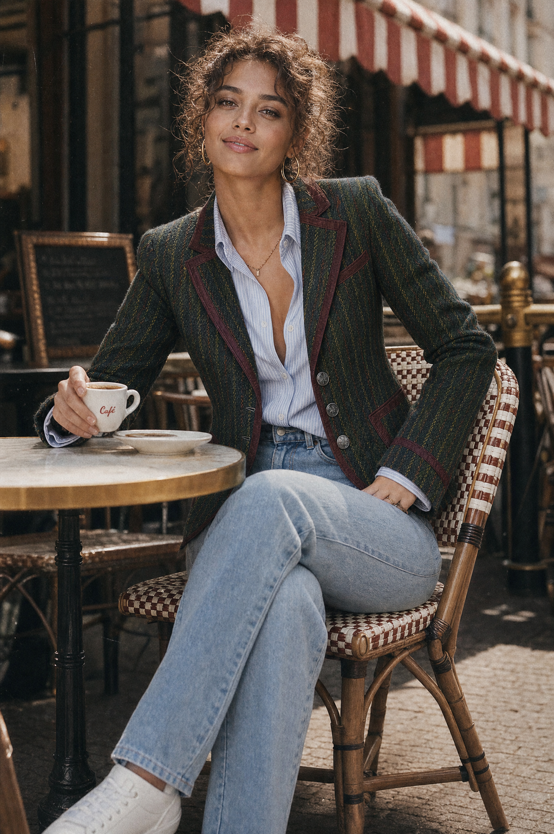 Rhea - Retro Pinstripe Wool Blazer with Contrast Trim