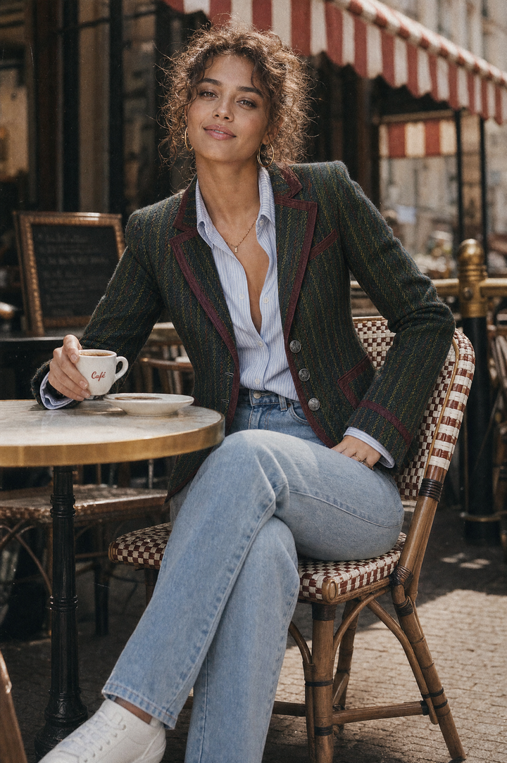 Rhea - Retro Pinstripe Wool Blazer with Contrast Trim