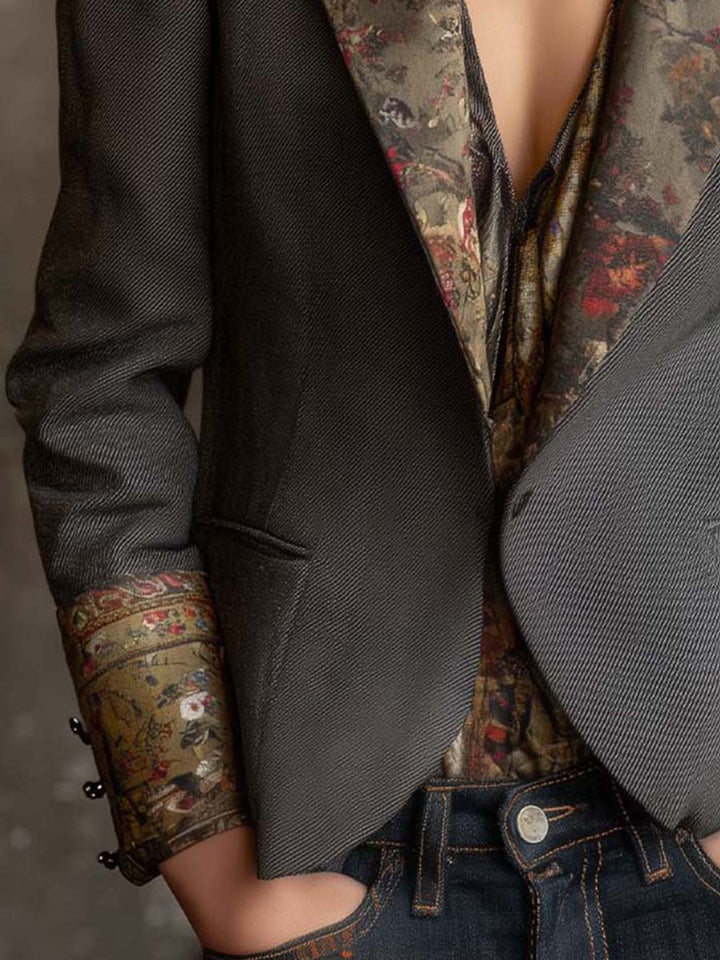 Zoe - Retro Dark Grey Blazer with Contrast Floral Print