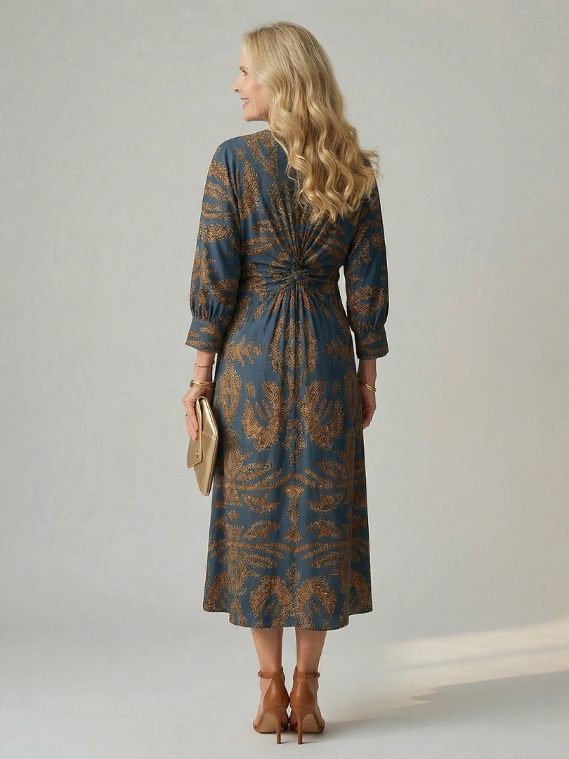 Lucy - Midi Dress with Long Sleeves and Natural Print
