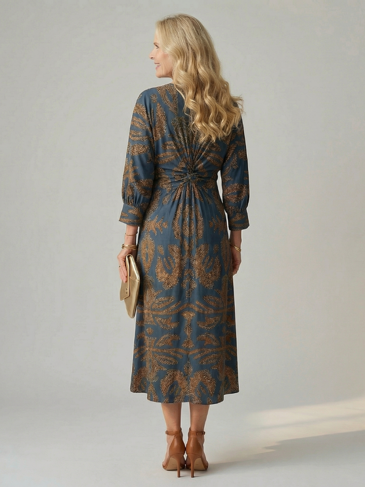 Lucy - Midi Dress with Long Sleeves and Natural Print
