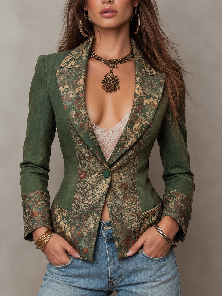 Yvette - Fitted Olive Blazer with Vintage Floral Tapestry Lapels and Cuffs