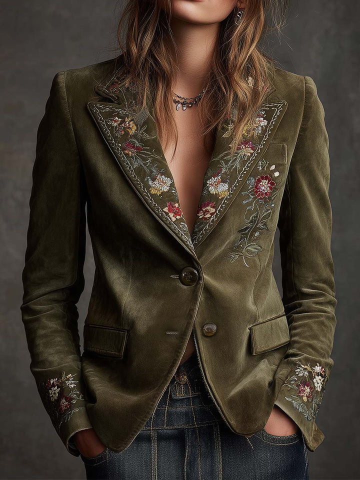 Iris - Olive Velvet Blazer with Floral Embroidery