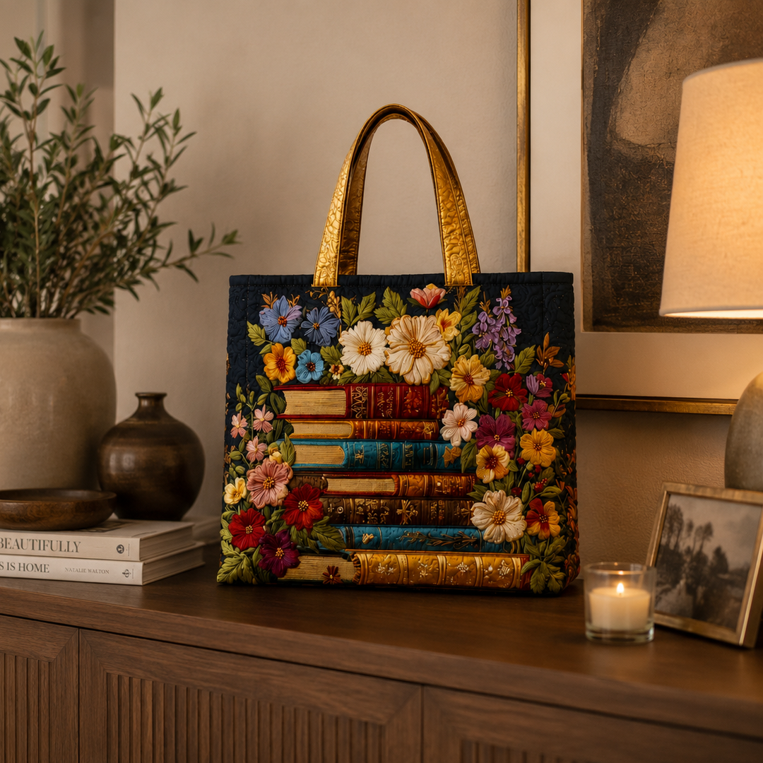 Bolso Tote Acolchado - Estampado floral y de libros
