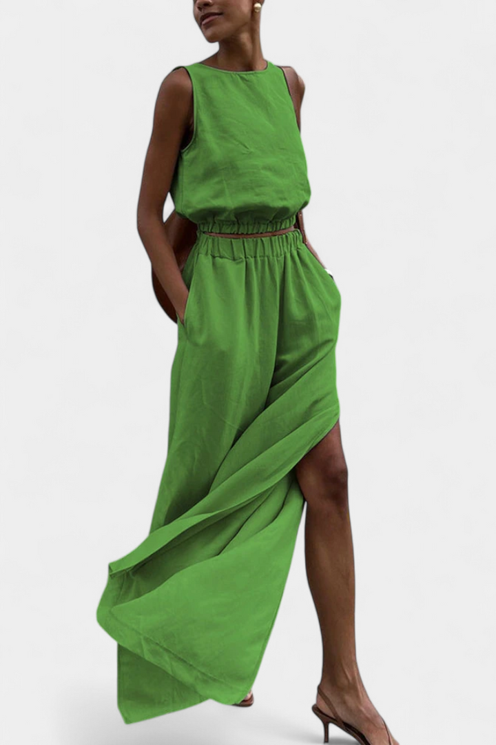 Nerissa - Cotton-Linen Sleeveless Top and Wide-Leg Pants Set with Side Slits