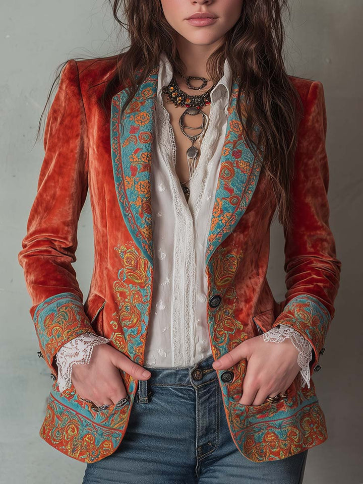 Thea - Retro Velvet Blazer with Contrast Print