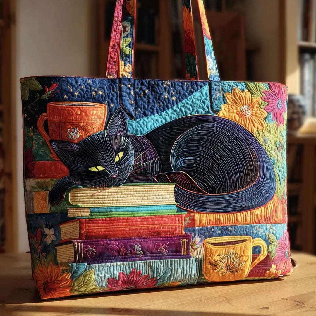 Bolso Tote Acolchado - Gato Negro con Libros y Tazas