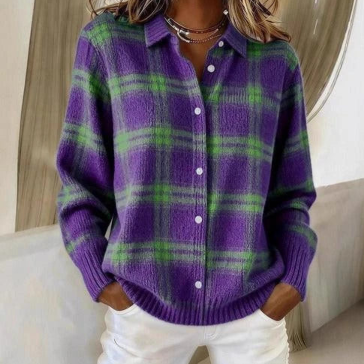 Briella - Dark Purple Plaid Knit Cardigan
