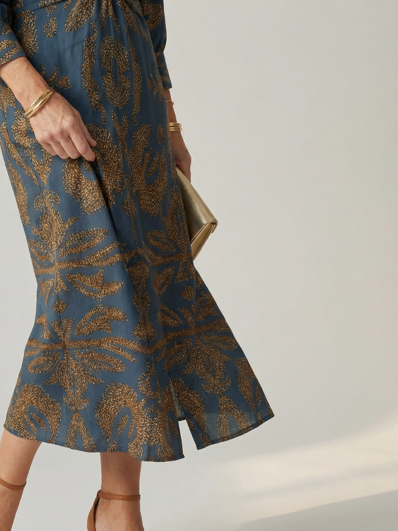 Lucy - Midi Dress with Long Sleeves and Natural Print