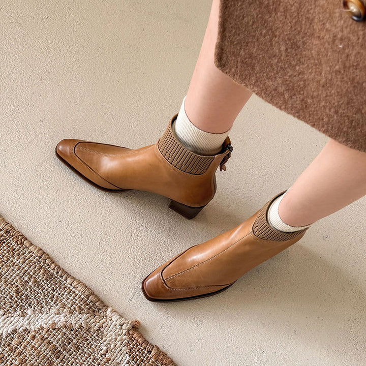Cosima - Genuine Leather Square Toe Ankle Boots