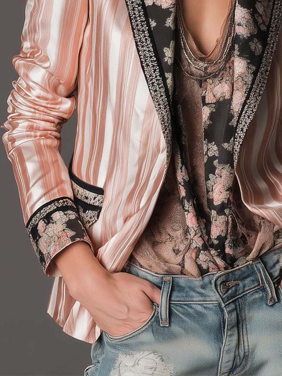Bria - Pink Satin-Stripe Blazer with Vintage Floral Lining
