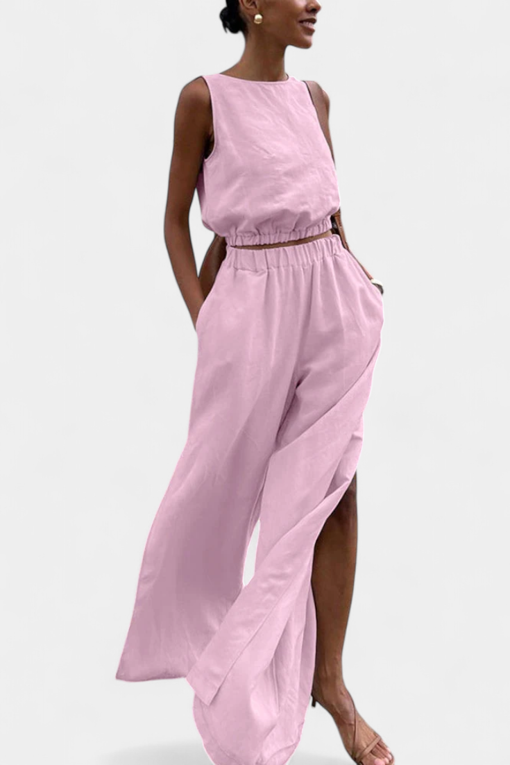 Nerissa - Cotton-Linen Sleeveless Top and Wide-Leg Pants Set with Side Slits