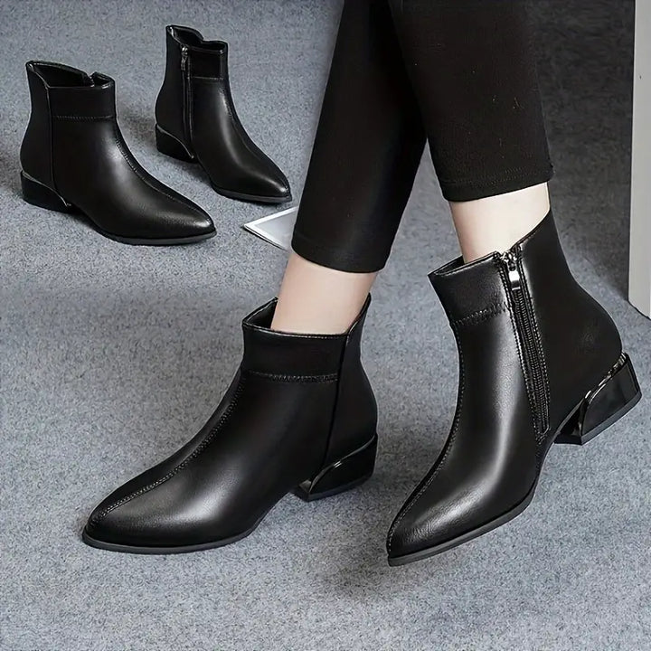 Gracie - Pointed Toe Block Heel Leather Boots
