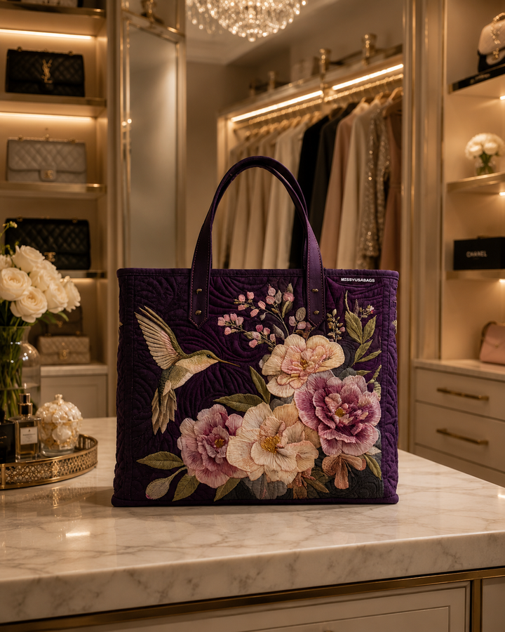 Bolsa Tote Acolchada - Colibríes y Orquídeas