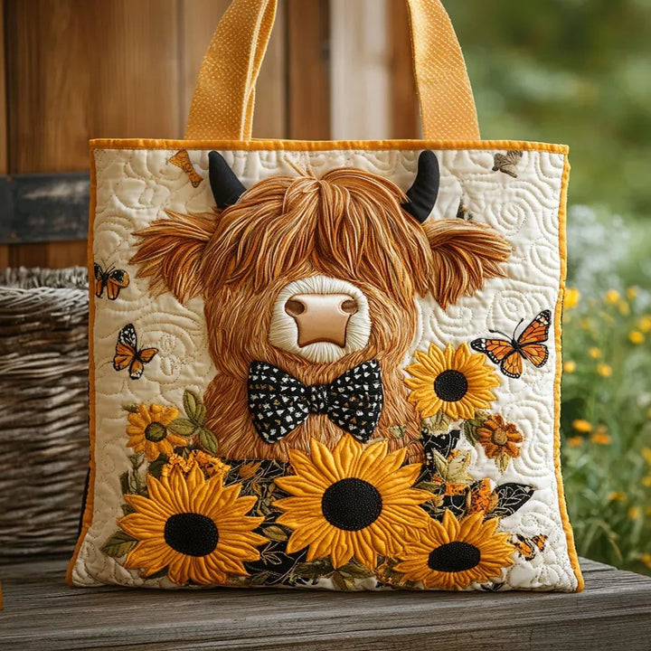 Bolsa Tote Acolchada - Vaca de las Tierras Altas con Girasoles