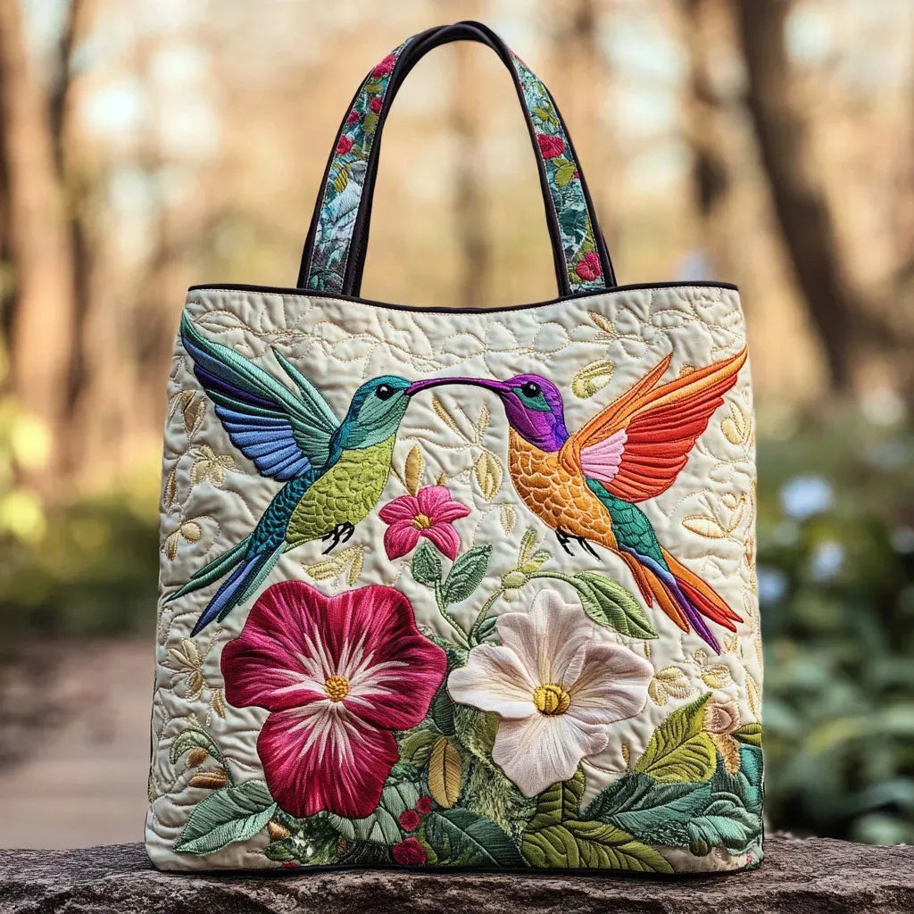 Bolso Tote Acolchado - Colibrí y Flores Blancas