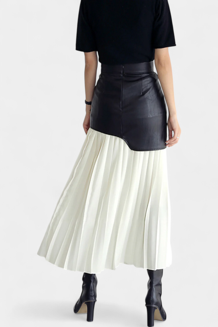 Caressa - Asymmetric Satin and Faux Leather Maxi Skirt