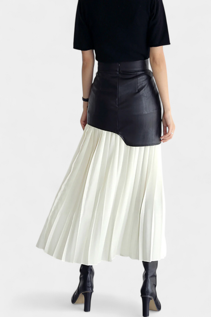 Caressa - Asymmetric Satin and Faux Leather Maxi Skirt