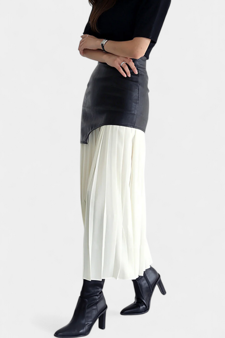 Caressa - Asymmetric Satin and Faux Leather Maxi Skirt