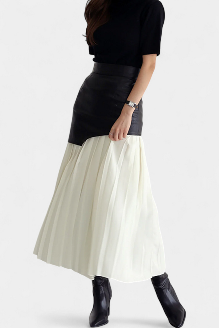Caressa - Asymmetric Satin and Faux Leather Maxi Skirt